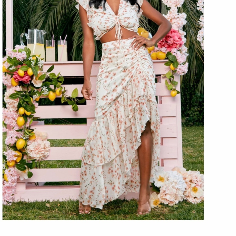 Fashion Nova Cream Pink Ruched Maxi Skirt and top set